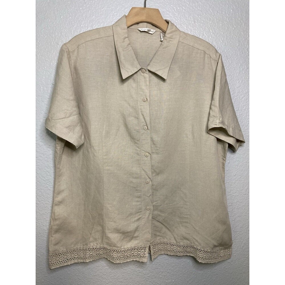 Linen Blend Shirt Button Lace Womens XL Beige Top Coastal Grandma Boho Safari